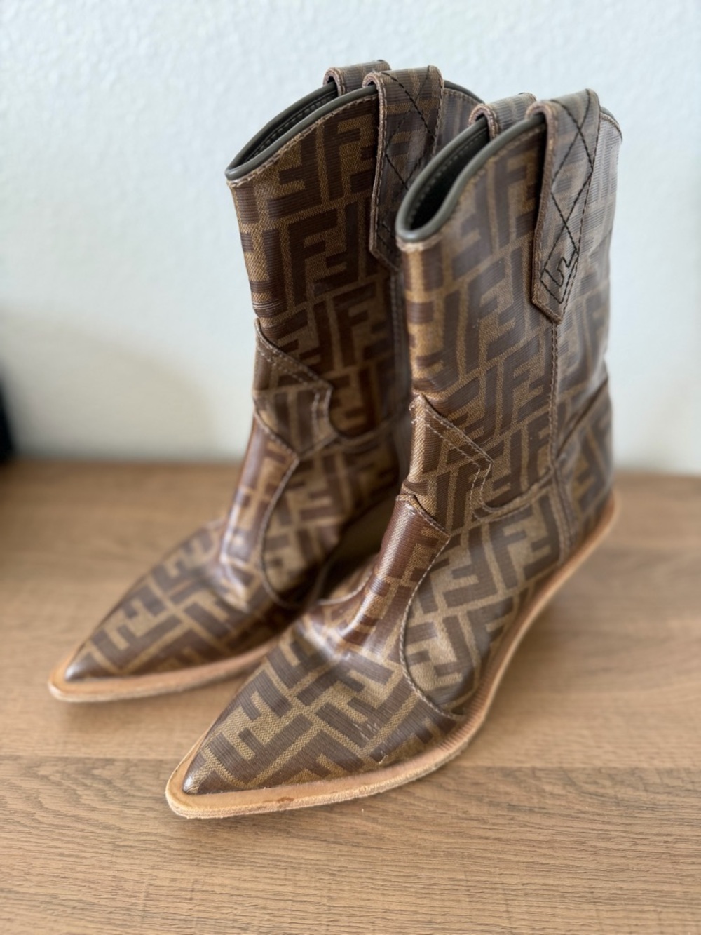 Fendi Cultwalk Logo Print Brown Monogram Pointed Toe Ankle Boots